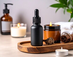 Matte black dropper bottle standing on wooden tray with candles and skincare accessories