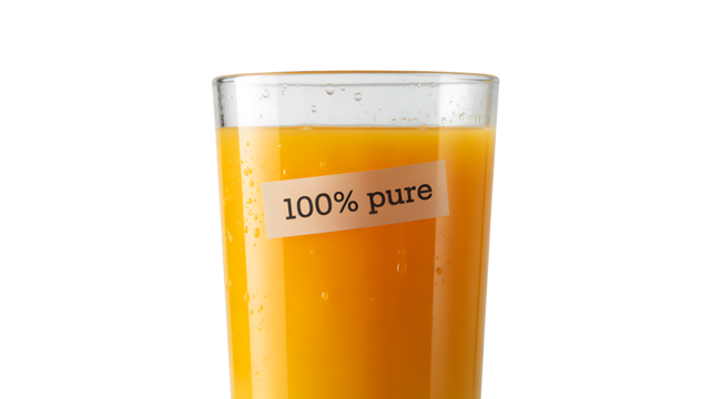 Glass of orange juice with "100% pure" label, isolated on white background png.

