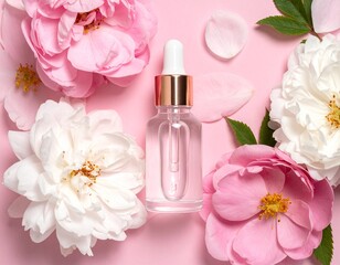 Transparent serum bottle with rose gold cap surrounded by delicate flowers, elegant flat lay