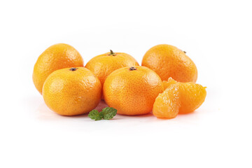 Fresh Seedless Mandarin Oranges with Peeled Segments and Mint Leaf on White Background
