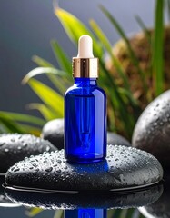 Blue glass skincare bottle with pipette placed on smooth stone with water droplets, spa aesthetic