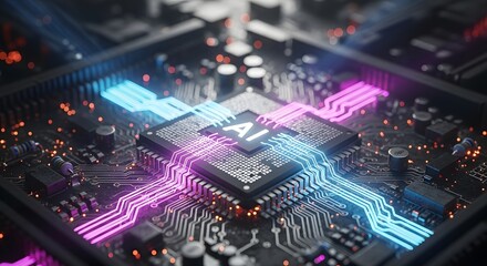 Fototapeta premium An intricate macro view of a modern electronic circuit board's electrical components and semiconductor chips shows the complexity of computer hardware technology