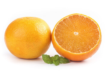 Fresh Orange Fruit Whole and Half with Mint Leaves on White Background