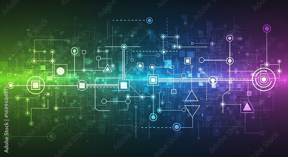 Poster dynamic futuristic network design with glowing nodes and vibrant colors for tech innovation and digi