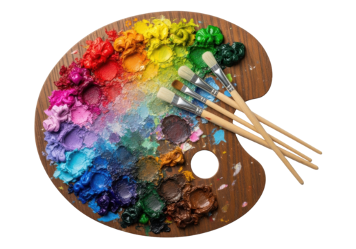 Dark wooden artist's palette with vibrant impasto oil paints (reds, blues, greens, yellows, purples, browns) and professional paint brushes, isolated on a transparent seamless background with copy