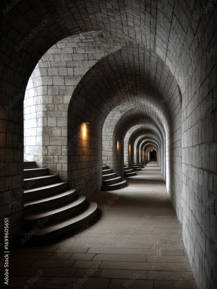 Poster Mysterious Stone Corridor With Curved Arches and Illuminated Staircases at an Ancient Structure in the Evening Light