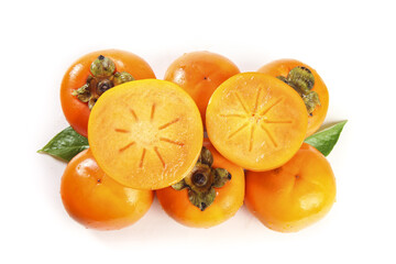 Fresh Ripe Persimmons from Shaanxi China on White Background with Cross Section