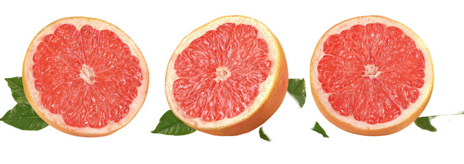 Three grapefruits, sliced in half, display vibrant red flesh and pale yellow pith.  Fresh, healthy citrus fruit
