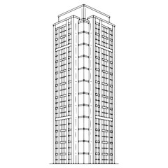 Line art illustration of a tall modern skyscraper. Detailed architectural drawing of an office or apartment building. Urban city structure concept, isolated on white.