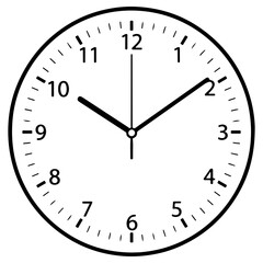 A classic analog wall clock showing ten minutes past ten. Black and white outline illustration for concepts of time, deadline, schedule, or office hours.