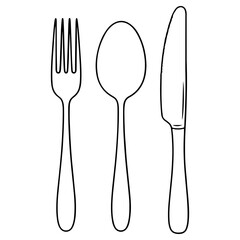 A set of cutlery including a fork, spoon, and knife. Simple line art illustration of tableware for dining, restaurant, and food concepts.
