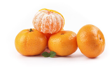 Fresh Sweet Tangerines and Satsuma Oranges Isolated on White Background with Mint Leaves