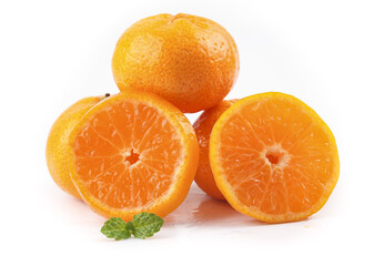 Fresh Orange and Tangerine Citrus Fruits Cut in Half with Mint Leaves on White Background