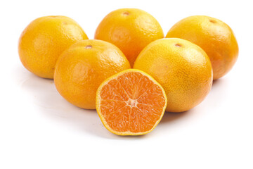 Fresh Ehime Orange Citrus Fruits with Half Cut Showing Juicy Flesh on White Background