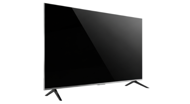 Sleek modern 4K LED Smart TV with ultra-black reflective screen, thin silver bezels, and angular dark stand, on transparent studio background, concept of technological elegance