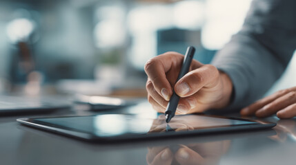 Hand using digital pen on tablet creative workspace modern technology close up professional innovation focus productivity