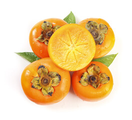 Fresh Persimmons from Shaanxi China - Ripe Orange Fruit with Green Leaves on White Background