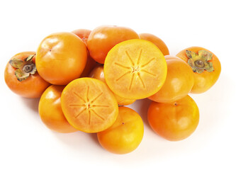 Fresh Persimmon Fruits Whole and Sliced on White Background