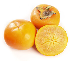 Fresh Fuping Persimmons Whole and Sliced on White Background - Ripe Orange Autumn Fruit
