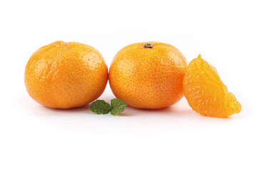 Fresh Guangxi Honey Tangerines with Peeled Segments and Mint on White Background