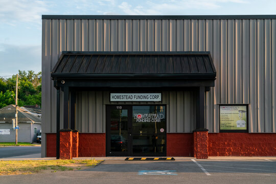 Utica, NY - Jul 12, 2025: Close-up view of Homestead Funding Corp. is a licensed, multi-state mortgage banker based in Albany, NY, founded in 1994