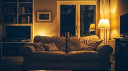 Fototapeta premium Cozy Living Space with Sofa and Elegant Lamp Lighting