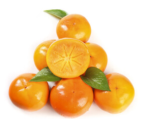 Fresh Fuping Persimmons with Green Leaves on White Background - One Sliced to Show Detail