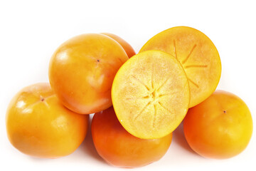Fresh Shanxi Persimmons on White Background - Whole and Sliced Orange Fruit Display
