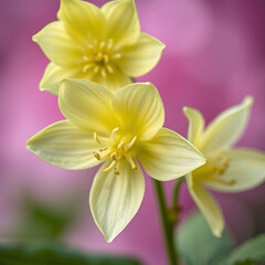 Delicate pale yellow lily flowers with visible stamens blooming against a vibrant pink-purple blurred background.