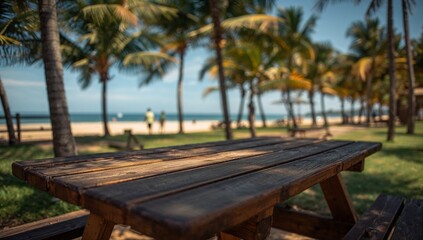 Fototapeta premium Picnic table near beach palm trees.