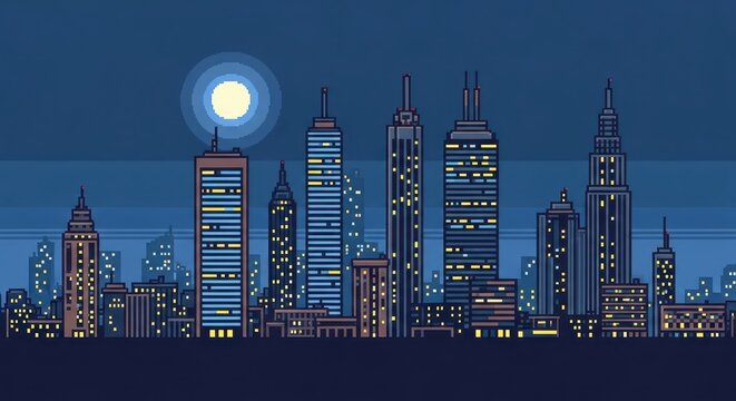 Luminous 8-Bit Cityscape: A Pixelated Skyline Under a Digital Full Moon