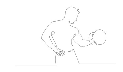 Muscular man doing bicep curl with dumbbell line art