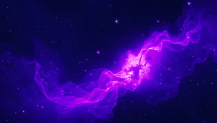 Vibrant purple nebula swirls across a dark, starry expanse.