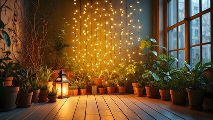 Cozy indoor garden sanctuary illuminated by warm fairy lights and natural window light