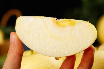 Fresh Apple Slice in Hand - Juicy White Flesh and Yellow Core Close-up