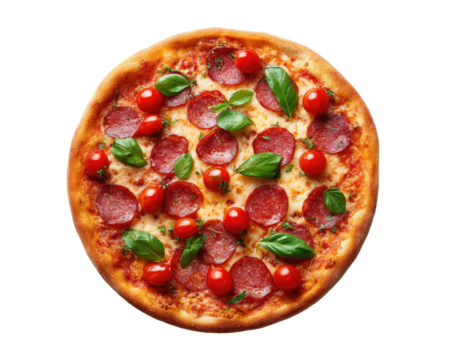 Round pizza topped with salami, cherry tomatoes, and basil.  A high-angle, close-up view showcases the pizza's golden-brown crust, melted cheese, and evenly distributed toppings