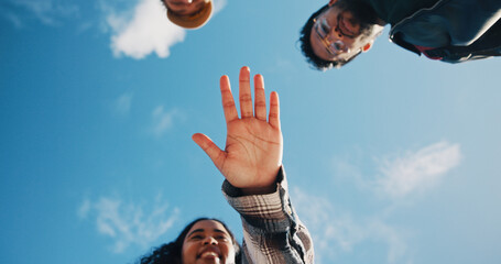 Support, hands together and students or friends outdoor for community, study group and college...