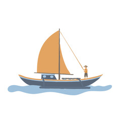 Fototapeta premium A lone sailor steers a traditional wooden sailboat with an orange sail across calm blue waters.