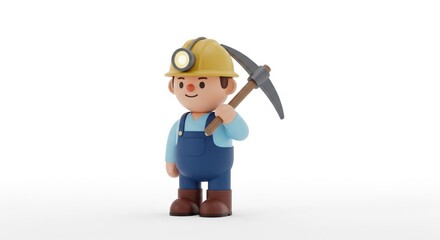 Cartoon Miner Character with Hardhat and Pickaxe in Playful Pose