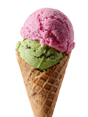 Two-scoop ice cream cone, pink and green