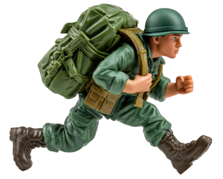 Plastic soldier figurine military uniform green helmet running pose backpack determined expression toy isolated action detailed model - Powered by Adobe