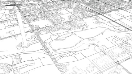 Detailed Cityscape Line Drawing