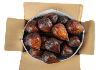 Fresh Salak Snake Fruit from Yunnan Province in Cardboard Box on White Background
