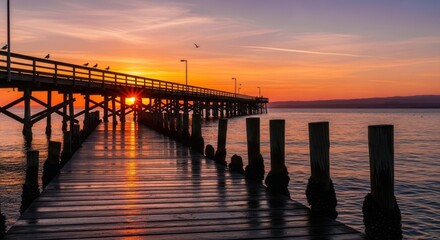 Fototapeta premium Sunlit Pier: Tranquil Reflections at Dusk, Tranquil Scene of Nature