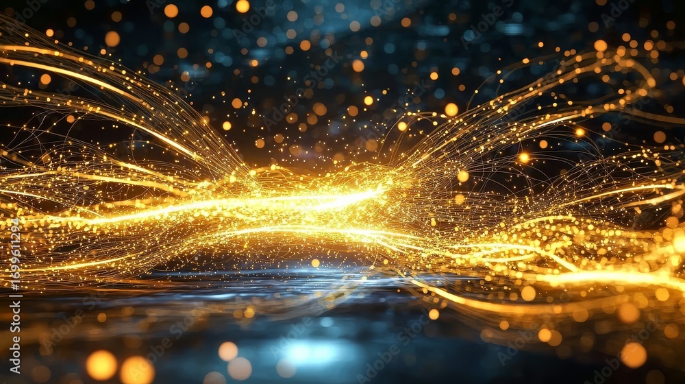 Poster dynamic and modern design with vibrant glowing particles.