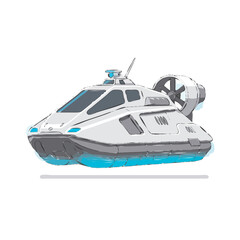 A futuristic white hovercraft with blue accents, designed for amphibious travel, depicted in a clean illustration.