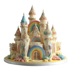 Obraz premium Elaborate white chocolate castle cake decorated with colorful rainbow arches and edible confetti