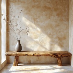 Obraz premium Rustic wood bench against beige stucco wall with copy space. Japandi interior design of modern entrance hall, Generative AI
