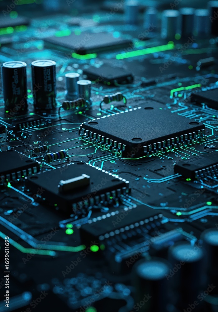 Poster circuit board complexity: a high-angle, intricate view showcases the stunning detail of a complex ci