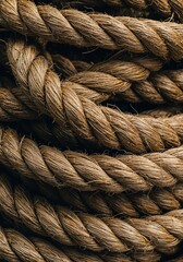 Coiled Rope: A detailed view of a tightly coiled, textured rope, exhibiting the robust structure, resilience and timeless utility of natural fibers.